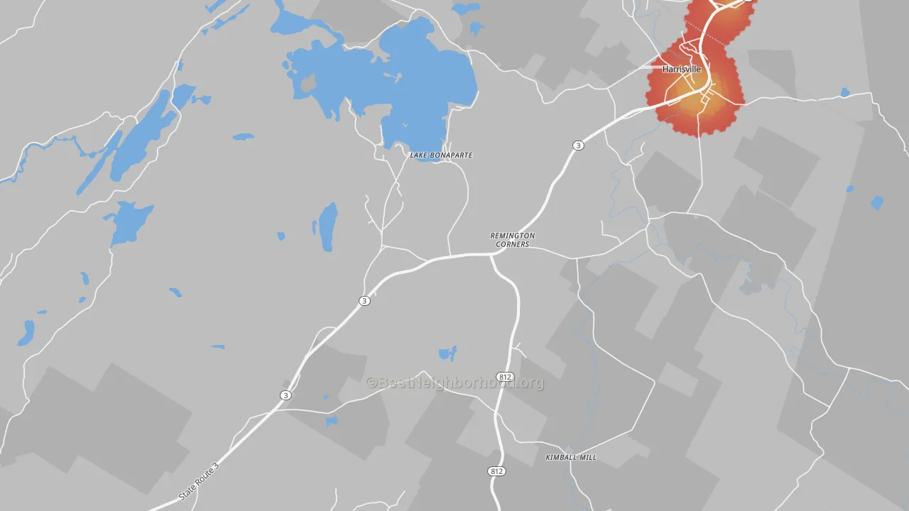 Walk Grade map of Lake Bonaparte, NY, walkable areas in green and car-dependent areas in red