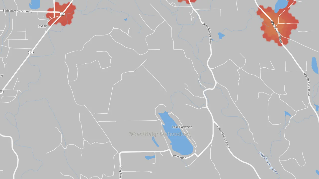Walk Grade map of Lake Bosworth, WA, walkable areas in green and car-dependent areas in red