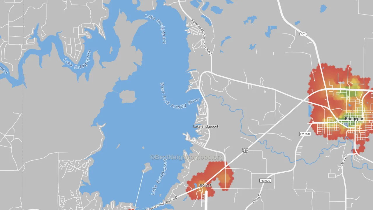 Walk Grade map of Lake Bridgeport, TX, walkable areas in green and car-dependent areas in red