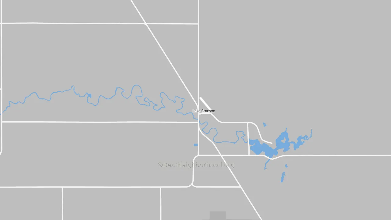 Walk Grade map of Lake Bronson, MN, walkable areas in green and car-dependent areas in red