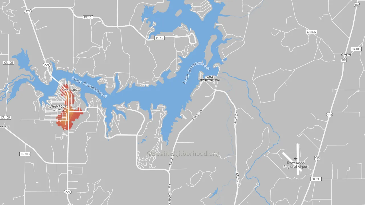 Walk Grade map of Lake Brownwood, TX, walkable areas in green and car-dependent areas in red