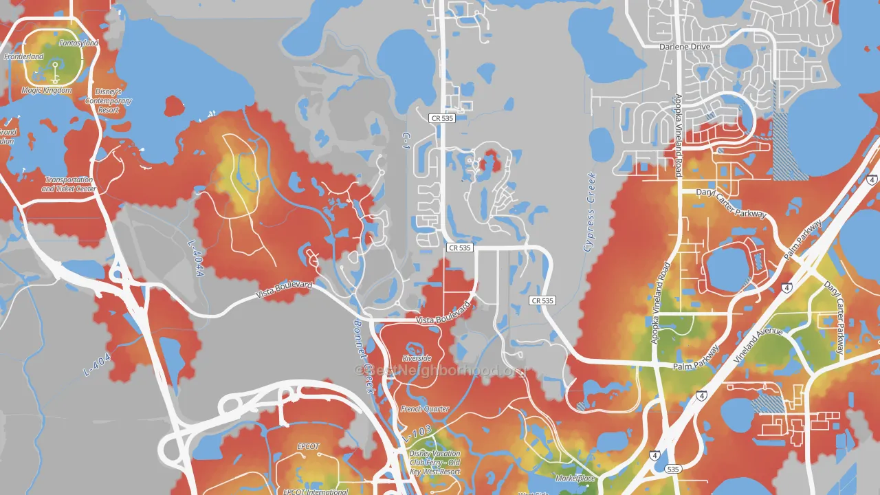Walk Grade map of Lake Buena Vista, FL, walkable areas in green and car-dependent areas in red