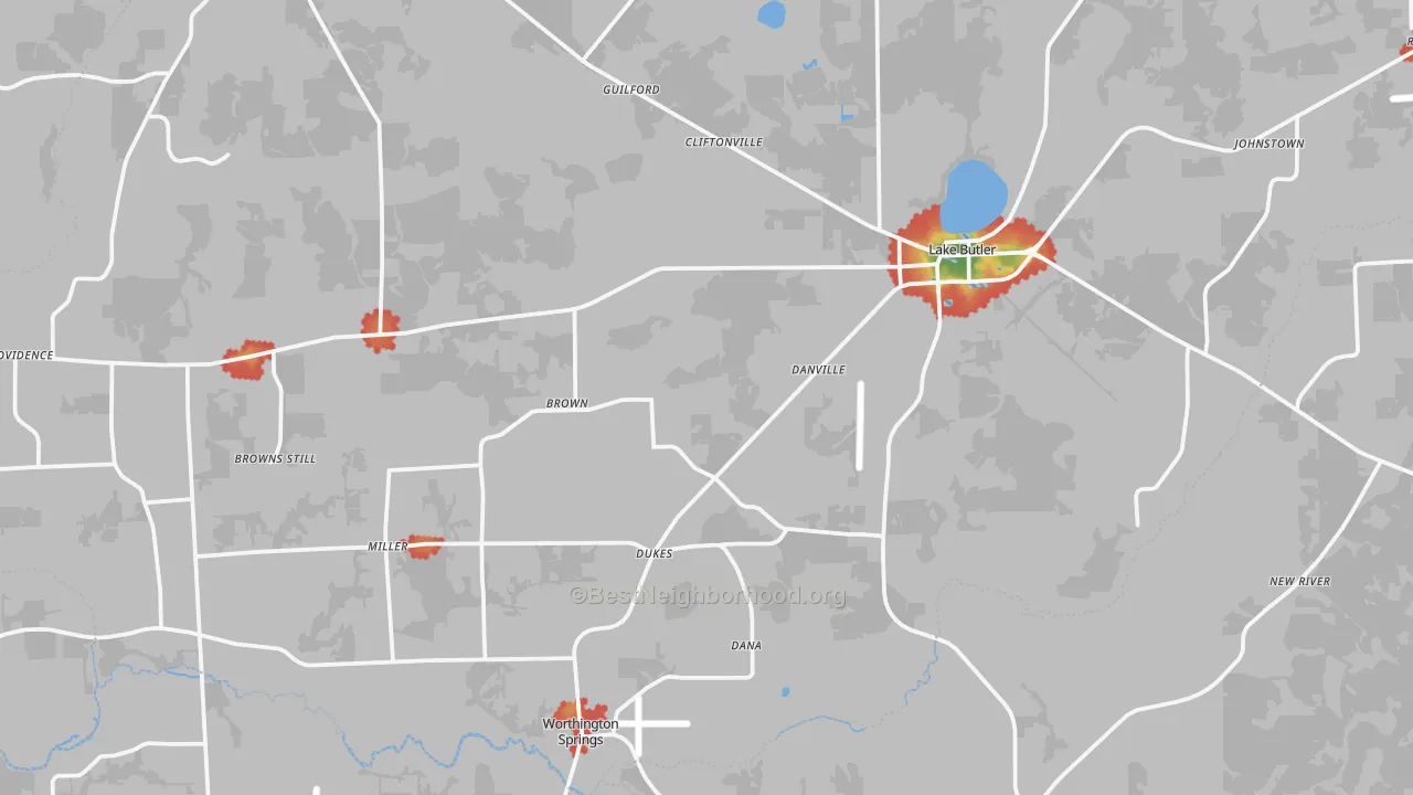 Walk Grade map of Lake Butler, FL, walkable areas in green and car-dependent areas in red