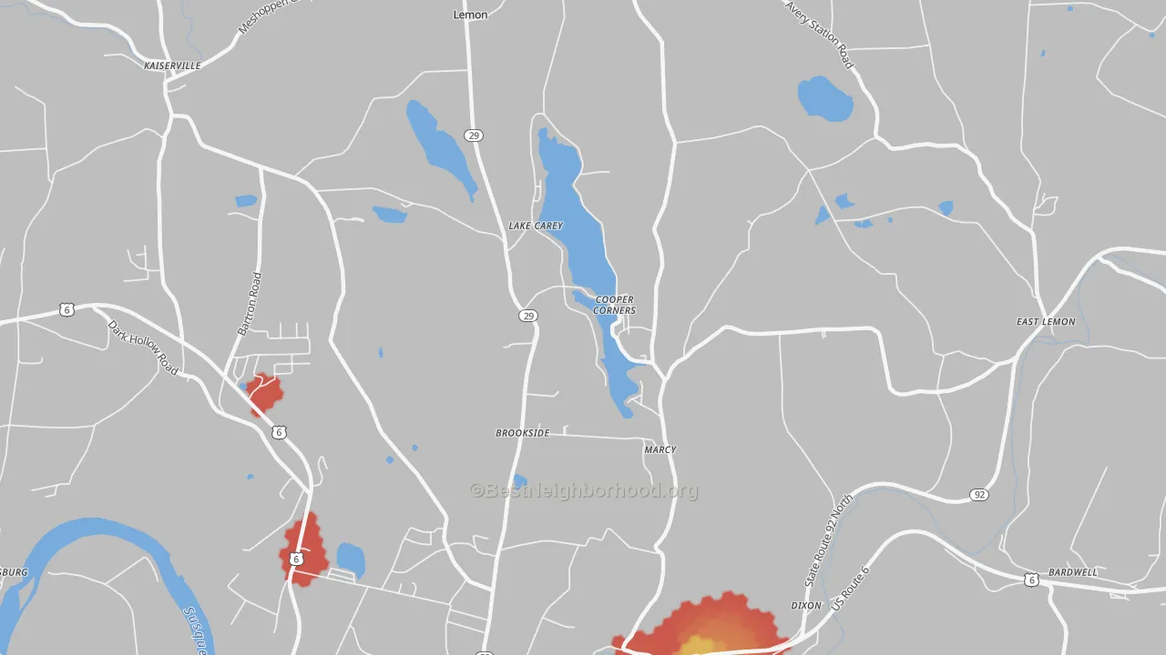 Walk Grade map of Lake Carey, PA, walkable areas in green and car-dependent areas in red