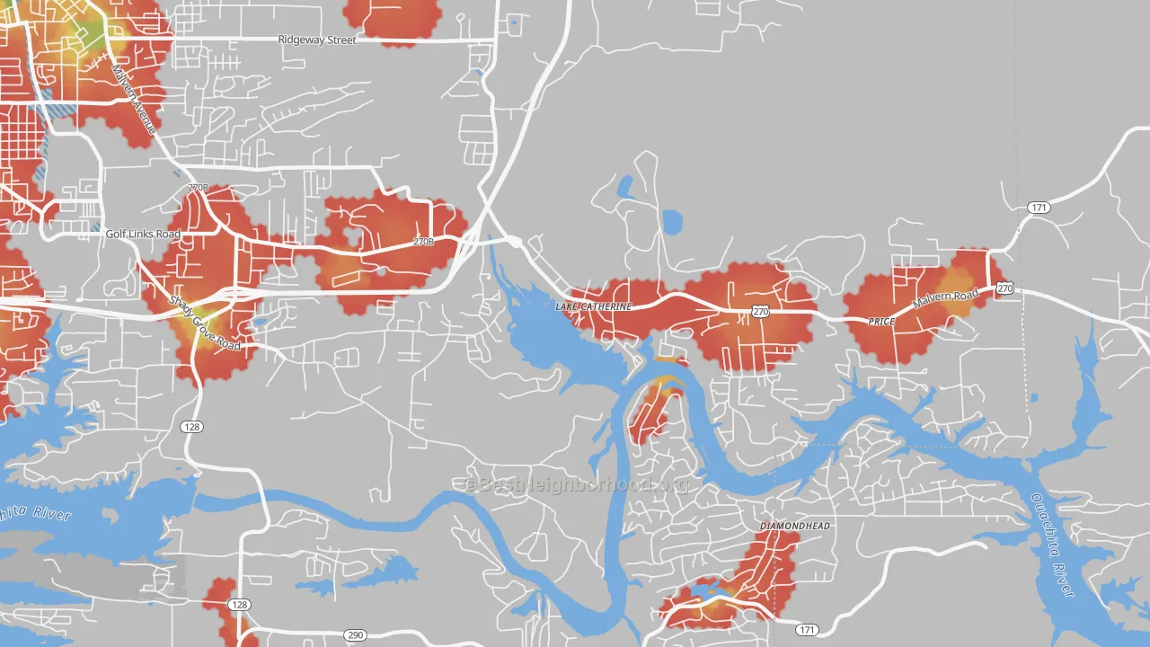 Walk Grade map of Lake Catherine, AR, walkable areas in green and car-dependent areas in red