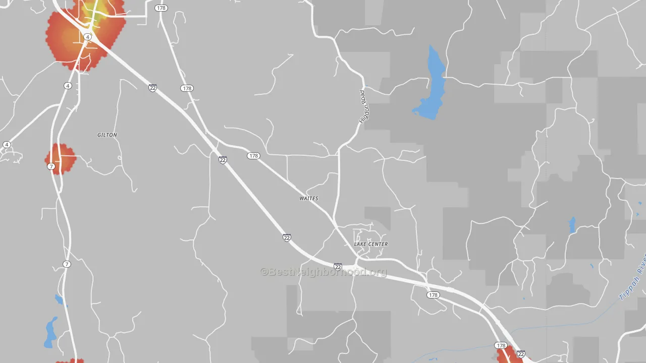 Walk Grade map of Lake Center, MS, walkable areas in green and car-dependent areas in red