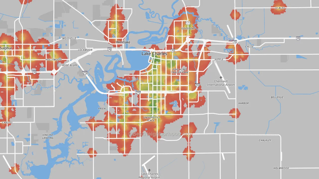 Walk Grade map of Lake Charles, LA, walkable areas in green and car-dependent areas in red