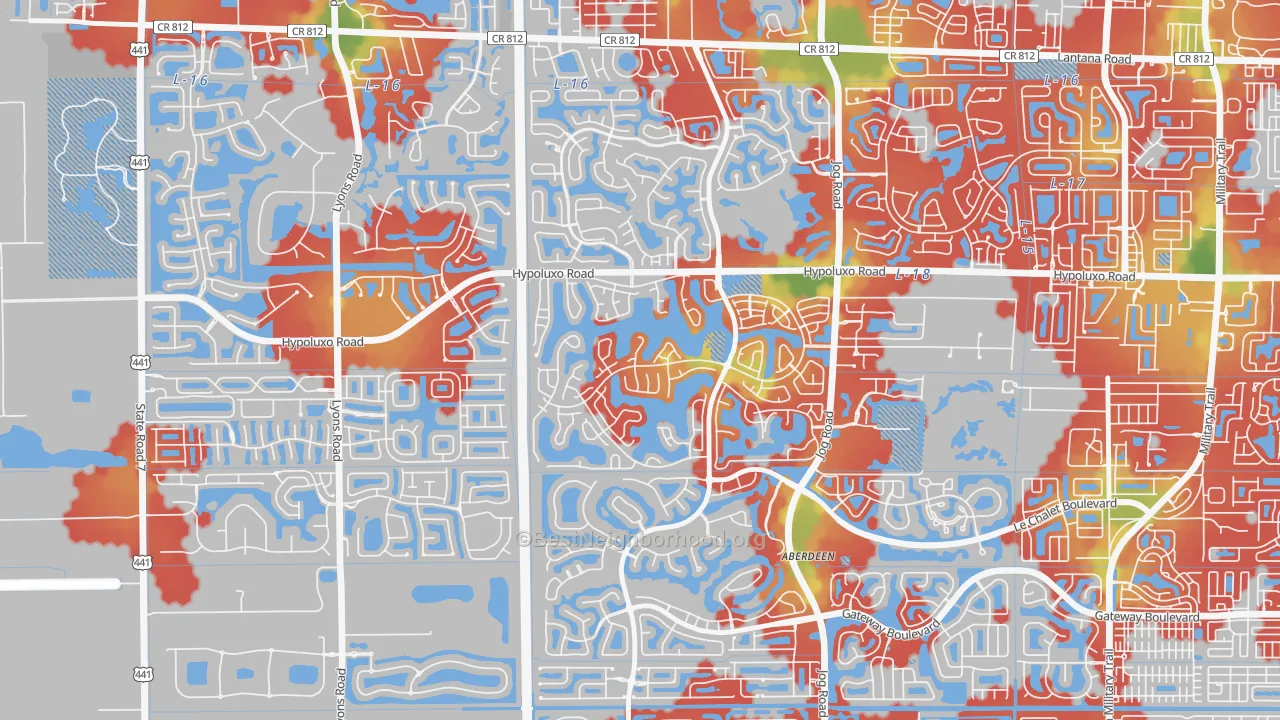 Walk Grade map of Lake Charleston, Lake Worth, FL, walkable areas in green and car-dependent areas in red