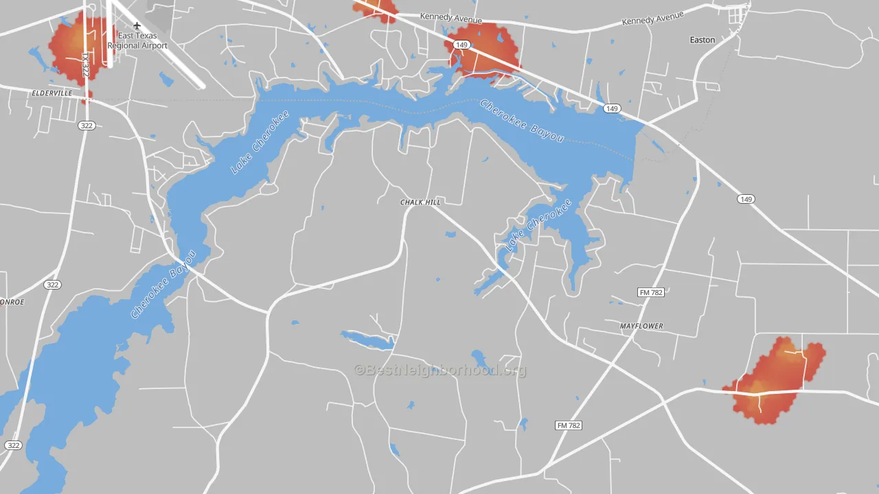 Walk Grade map of Lake Cherokee, TX, walkable areas in green and car-dependent areas in red