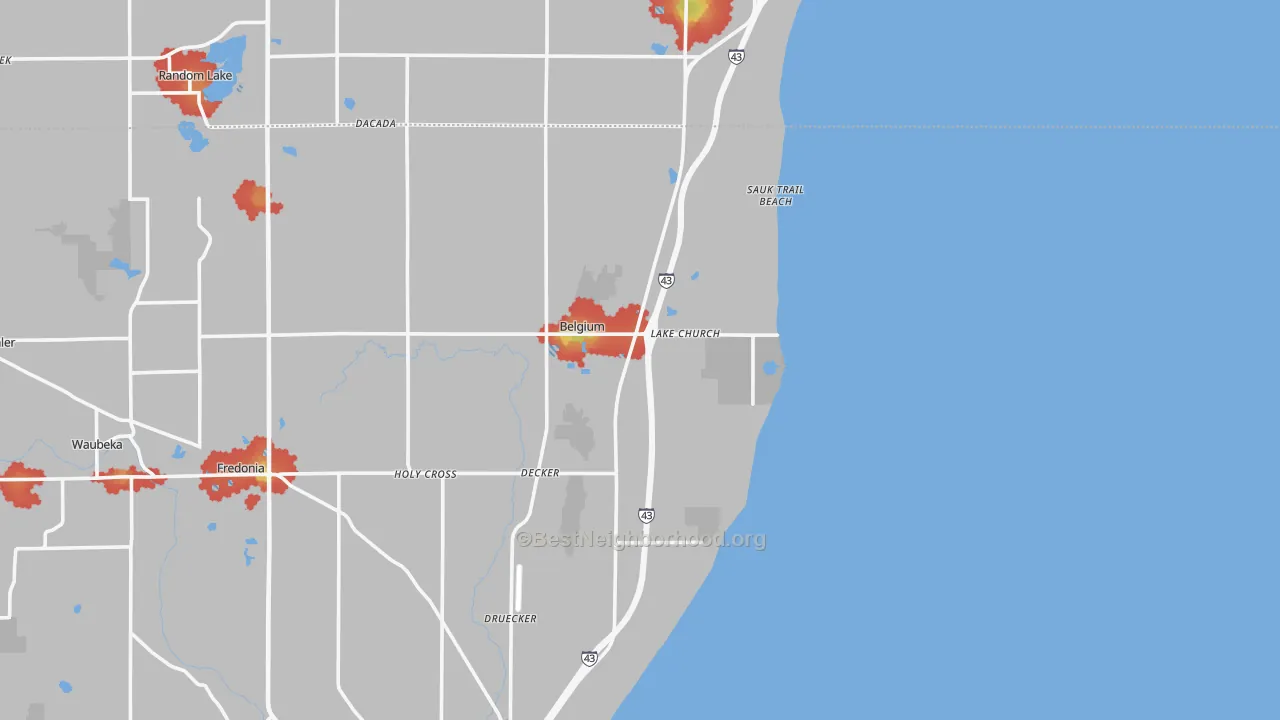 Walk Grade map of Lake Church, WI, walkable areas in green and car-dependent areas in red