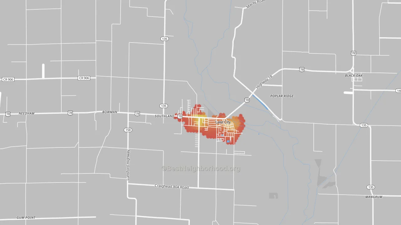 Walk Grade map of Lake City, AR, walkable areas in green and car-dependent areas in red