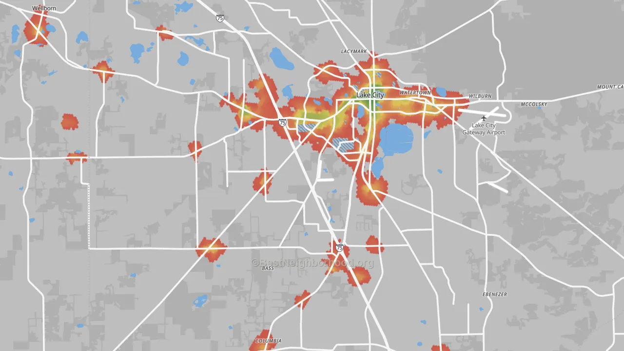 Walk Grade map of Lake City, FL, walkable areas in green and car-dependent areas in red