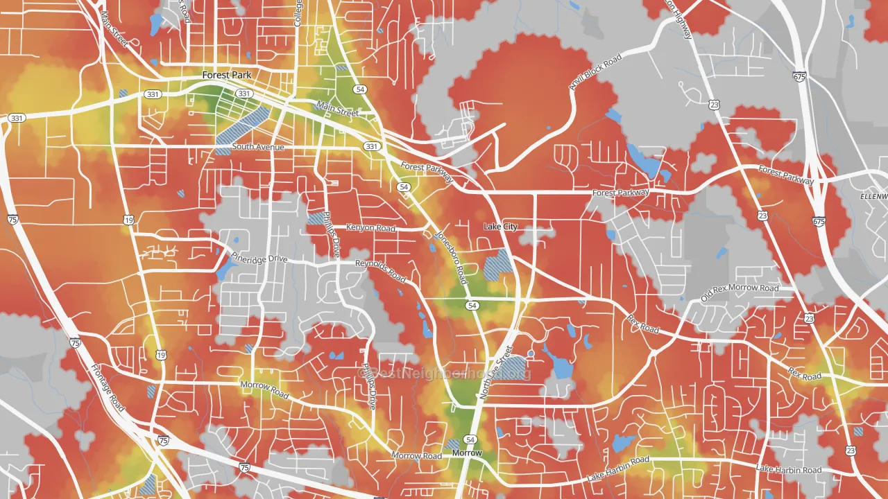 Walk Grade map of Lake City, GA, walkable areas in green and car-dependent areas in red