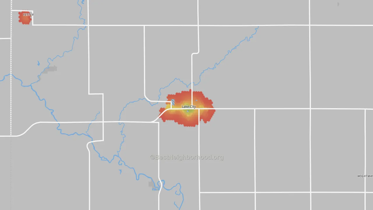 Walk Grade map of Lake City, IA, walkable areas in green and car-dependent areas in red