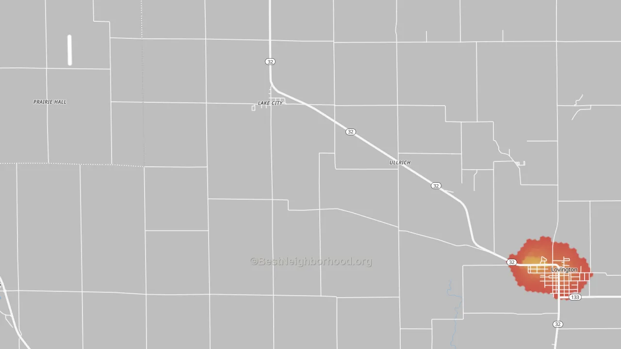 Walk Grade map of Lake City, IL, walkable areas in green and car-dependent areas in red