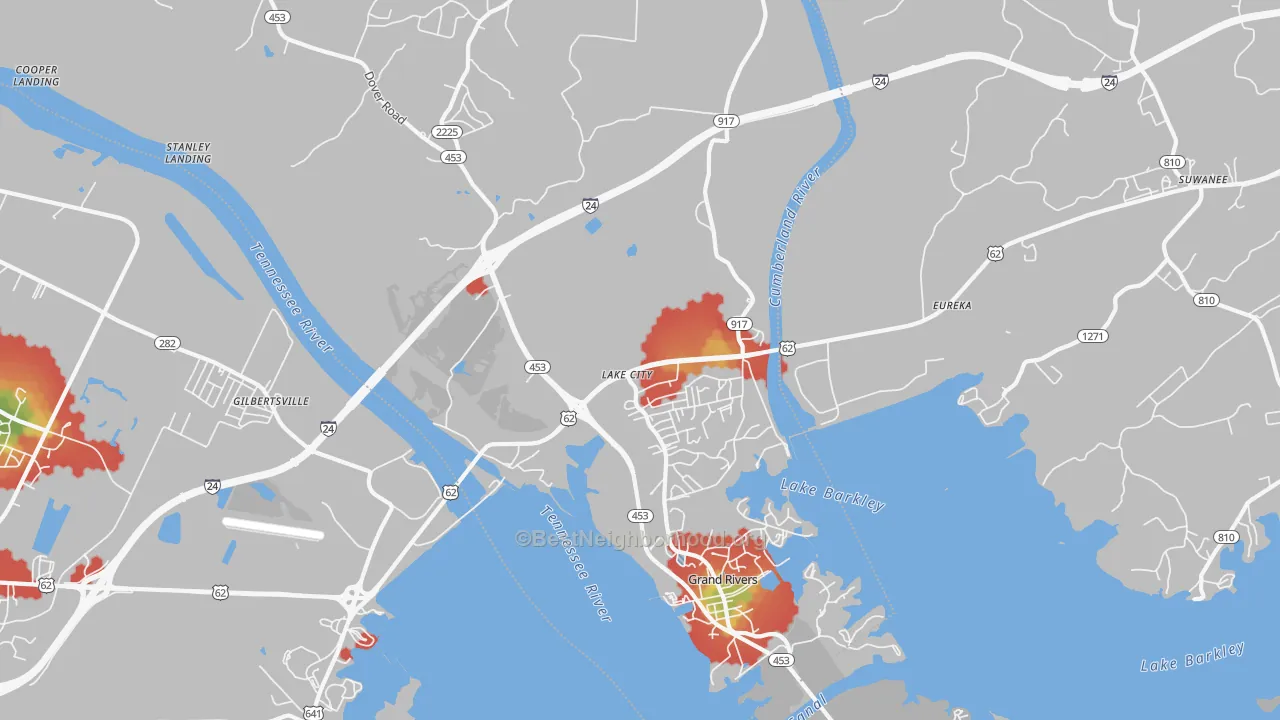 Walk Grade map of Lake City, KY, walkable areas in green and car-dependent areas in red