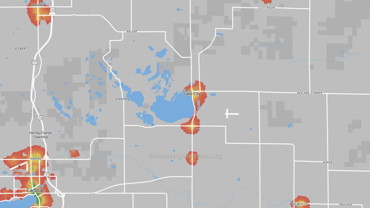 Walk Grade map of Lake City, MI, walkable areas in green and car-dependent areas in red