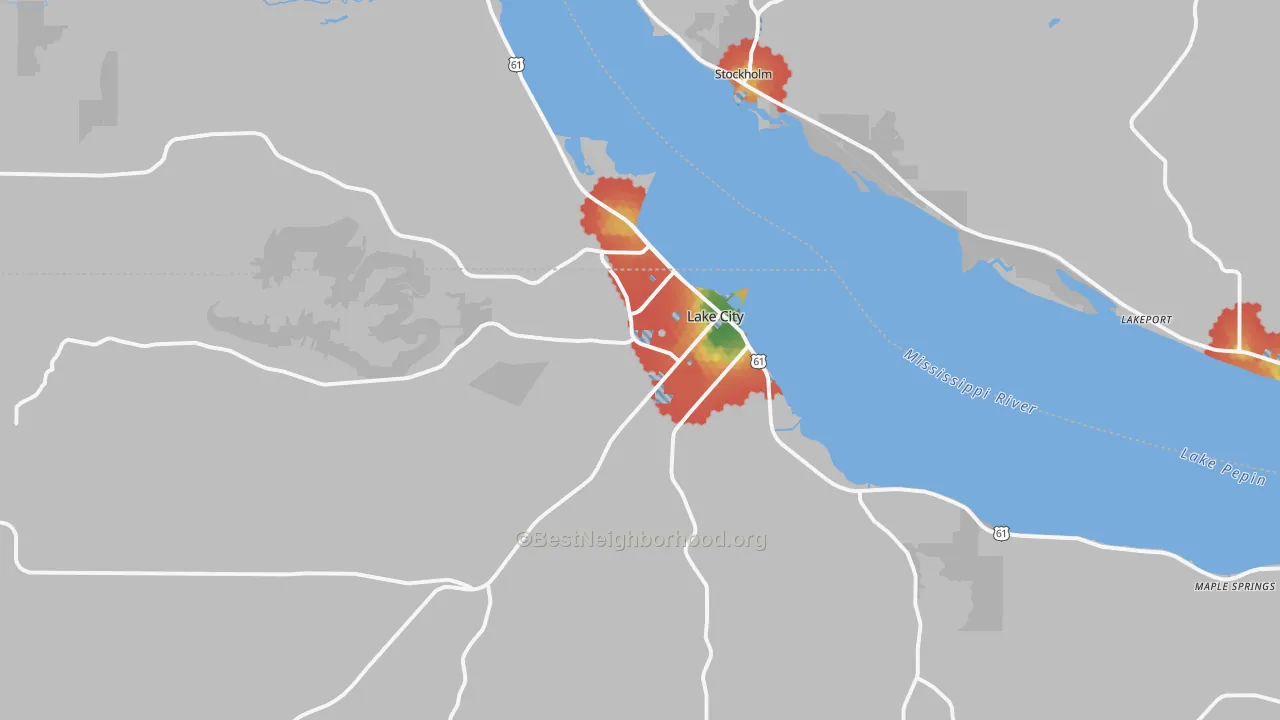 Walk Grade map of Lake City, MN, walkable areas in green and car-dependent areas in red