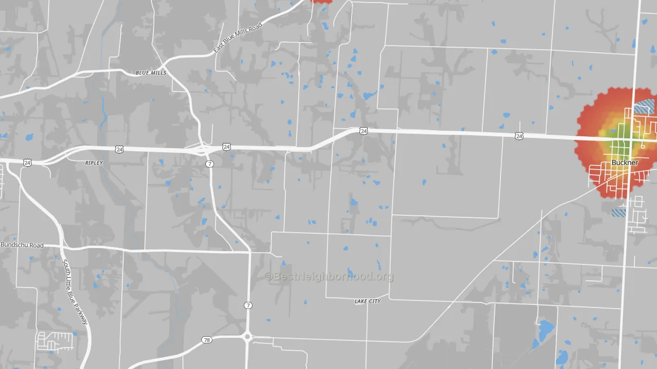 Walk Grade map of Lake City, MO, walkable areas in green and car-dependent areas in red