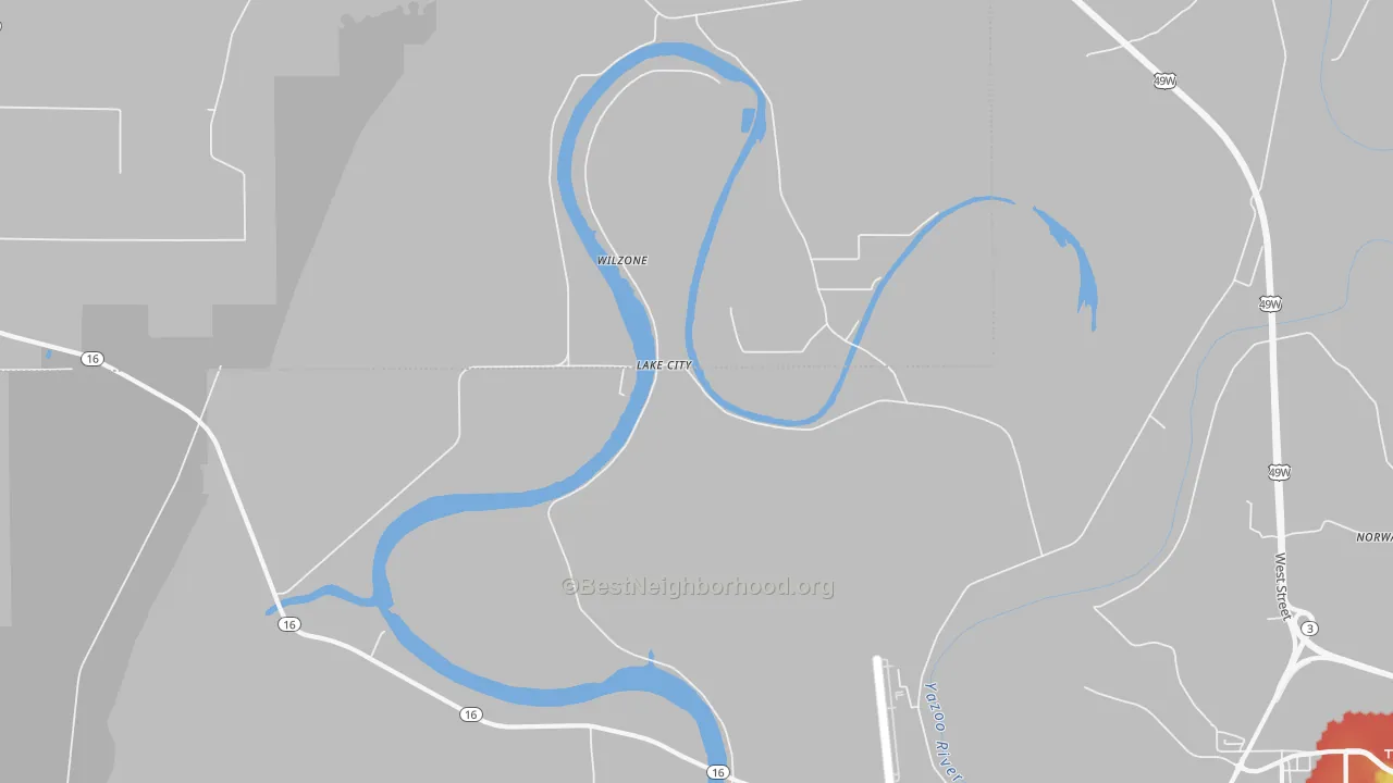 Walk Grade map of Lake City, MS, walkable areas in green and car-dependent areas in red