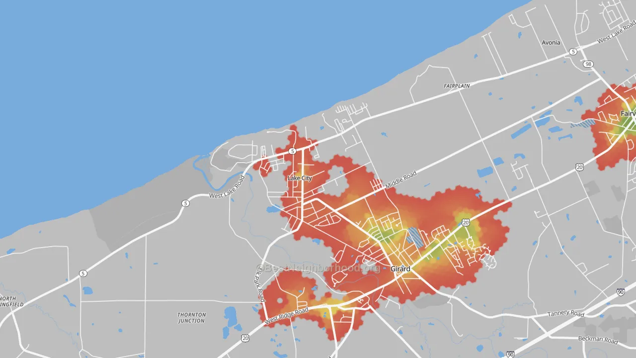 Walk Grade map of Lake City, PA, walkable areas in green and car-dependent areas in red