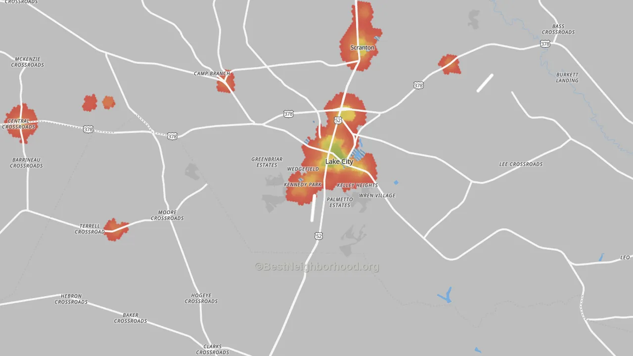 Walk Grade map of Lake City, SC, walkable areas in green and car-dependent areas in red