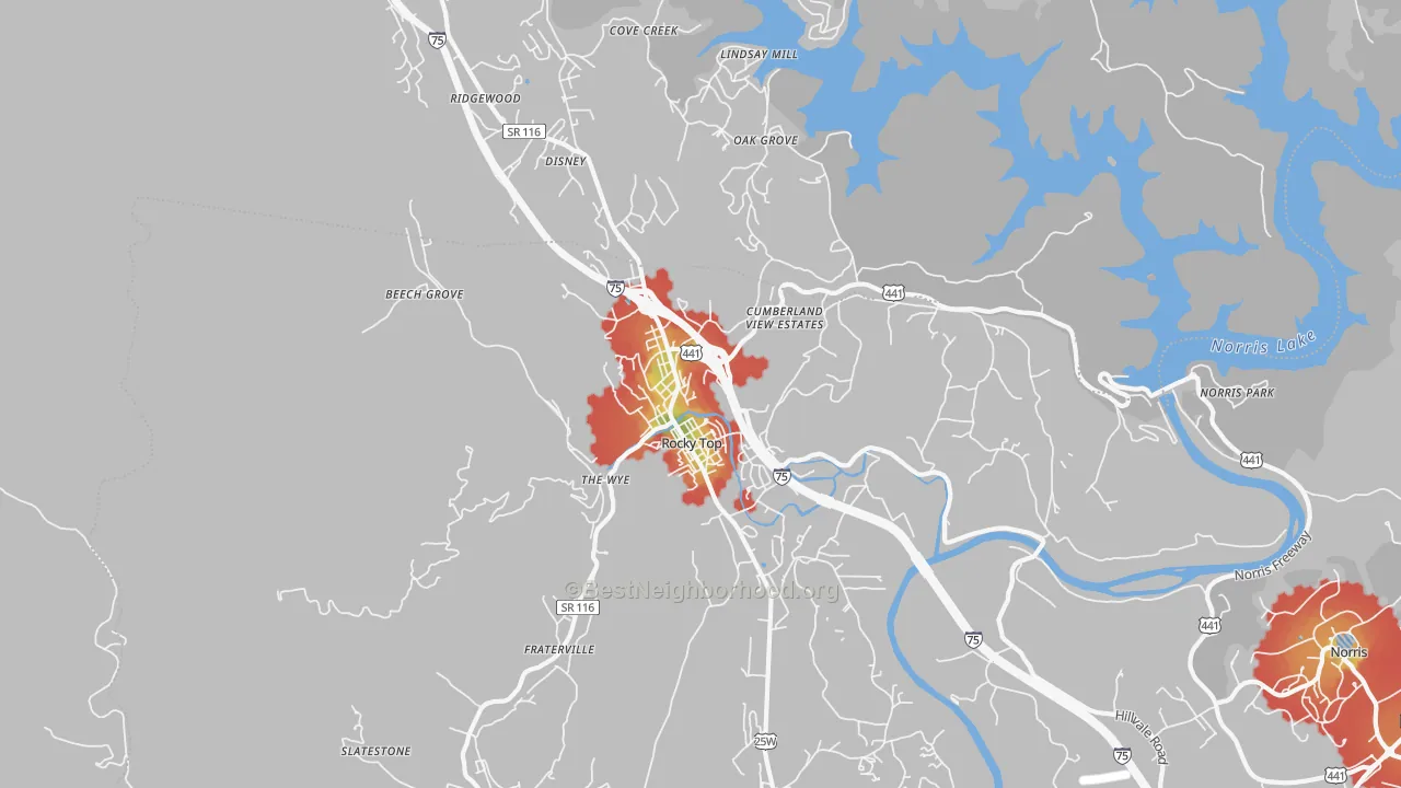 Walk Grade map of Lake City, TN, walkable areas in green and car-dependent areas in red