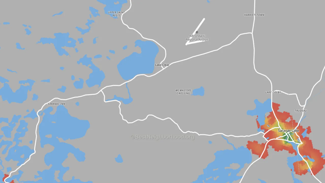 Walk Grade map of Lake Clear, NY, walkable areas in green and car-dependent areas in red