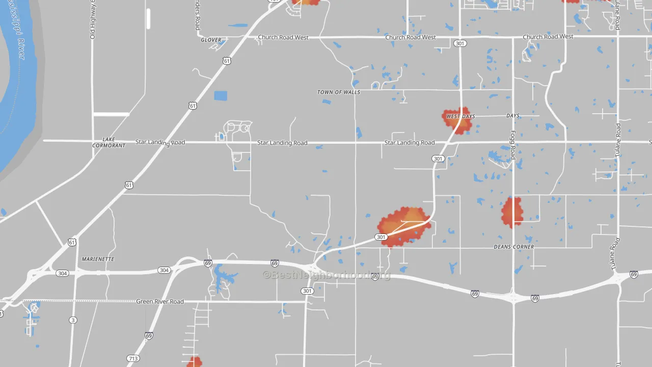 Walk Grade map of Lake Cormorant, MS, walkable areas in green and car-dependent areas in red