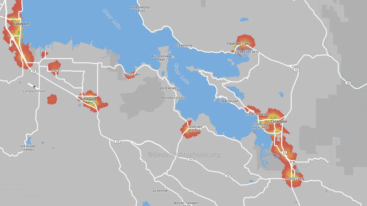 Walk Grade map of Lake County, CA, walkable areas in green and car-dependent areas in red