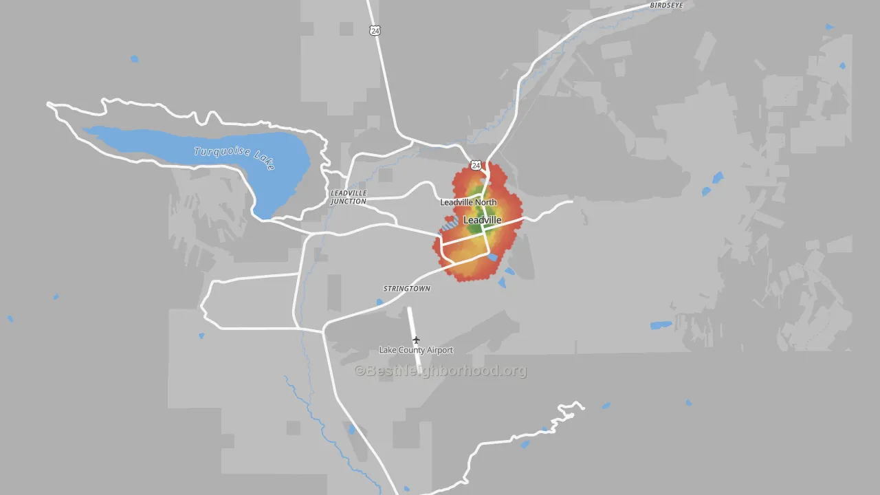 Walk Grade map of Lake County, CO, walkable areas in green and car-dependent areas in red
