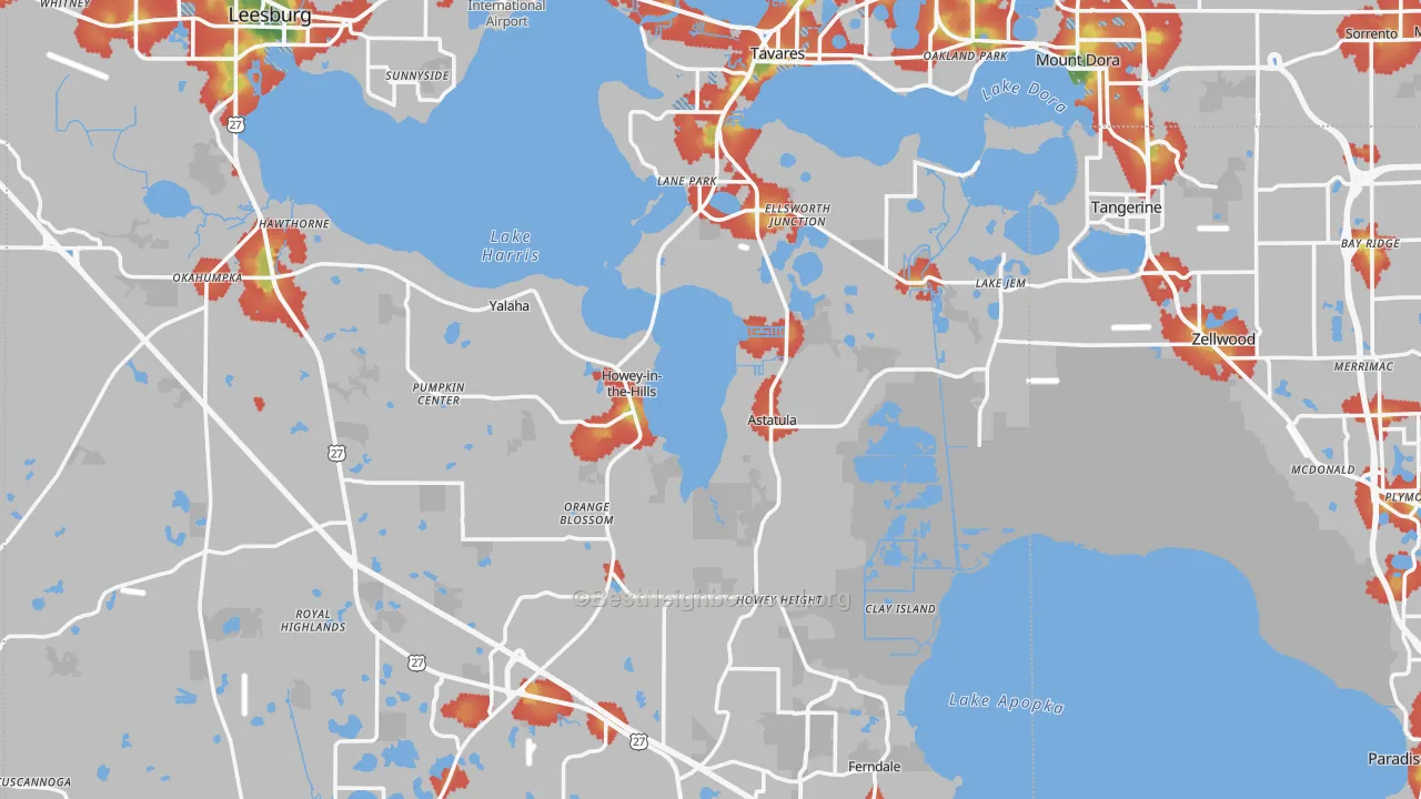 Walk Grade map of Lake County, FL, walkable areas in green and car-dependent areas in red