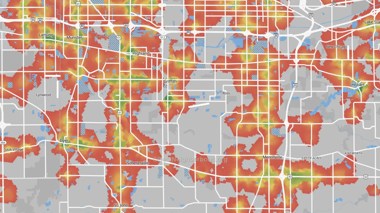 Walk Grade map of Lake County, IN, walkable areas in green and car-dependent areas in red