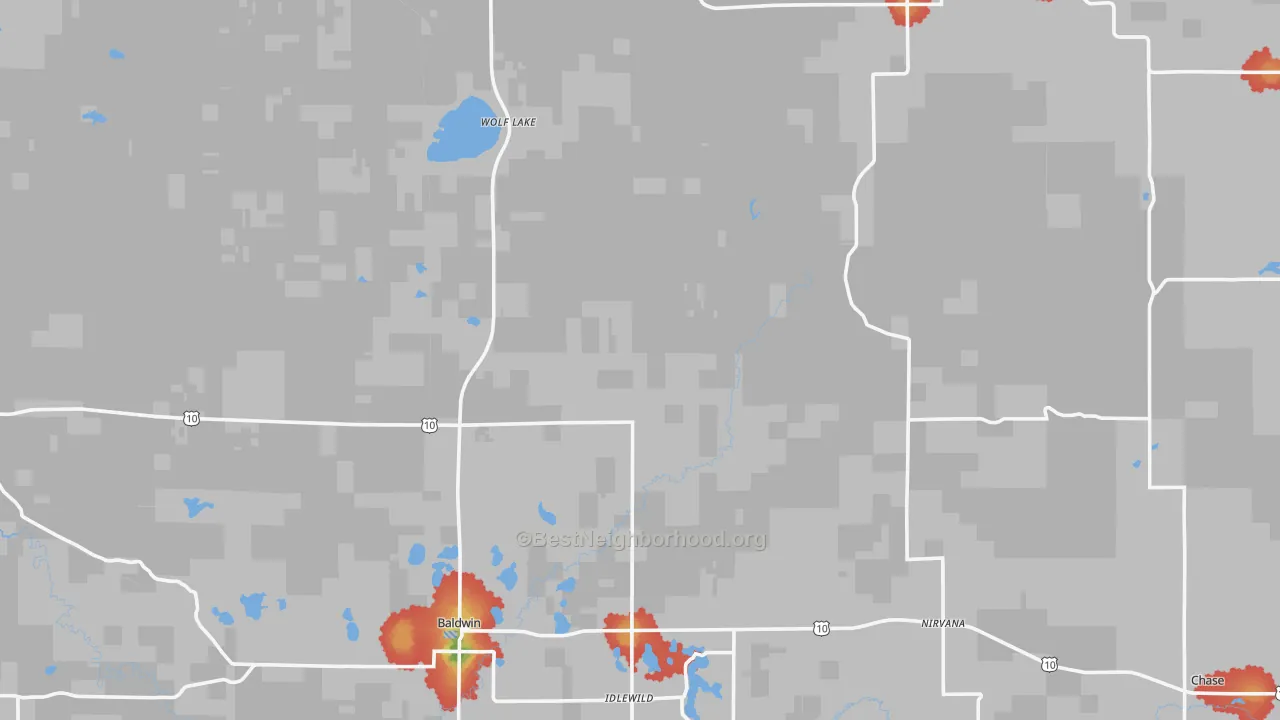 Walk Grade map of Lake County, MI, walkable areas in green and car-dependent areas in red