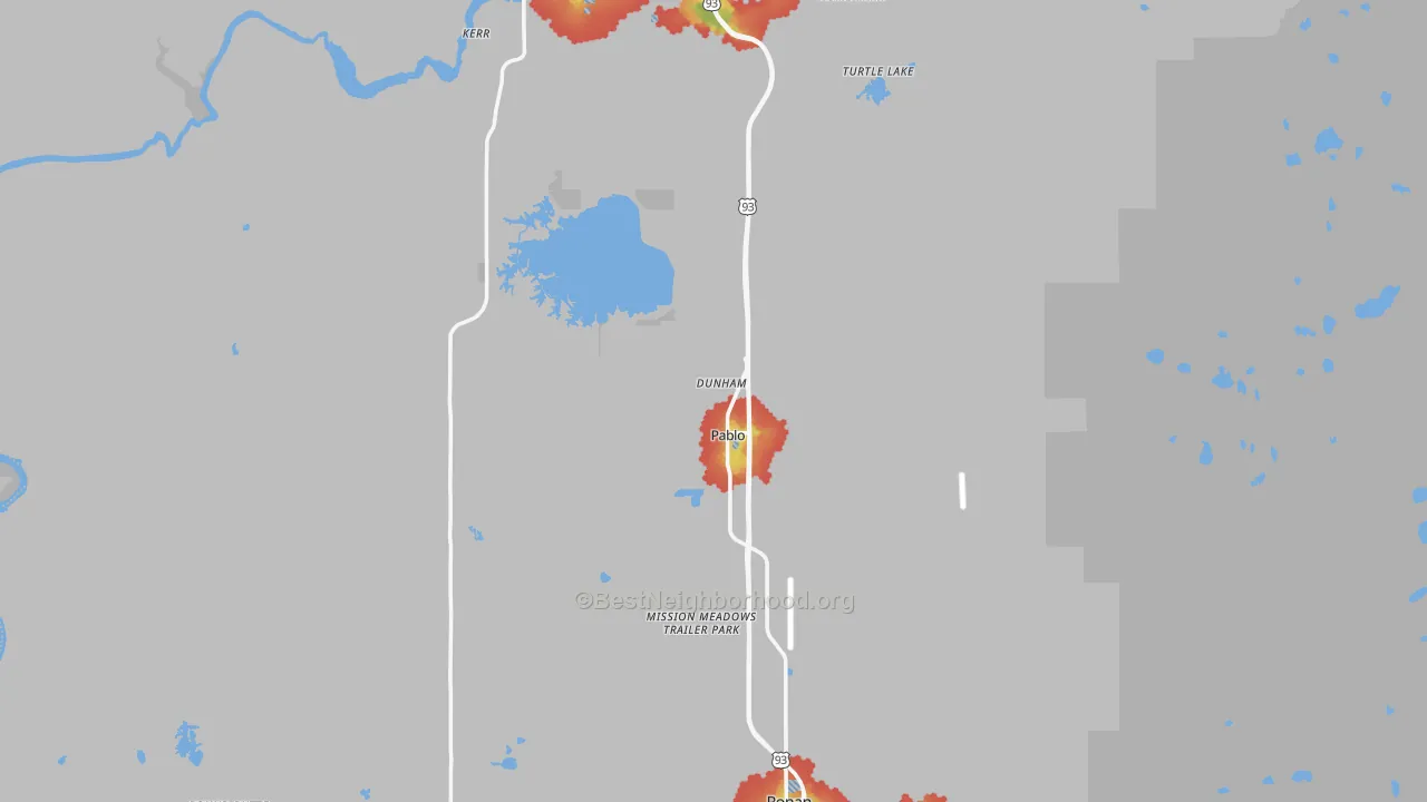 Walk Grade map of Lake County, MT, walkable areas in green and car-dependent areas in red