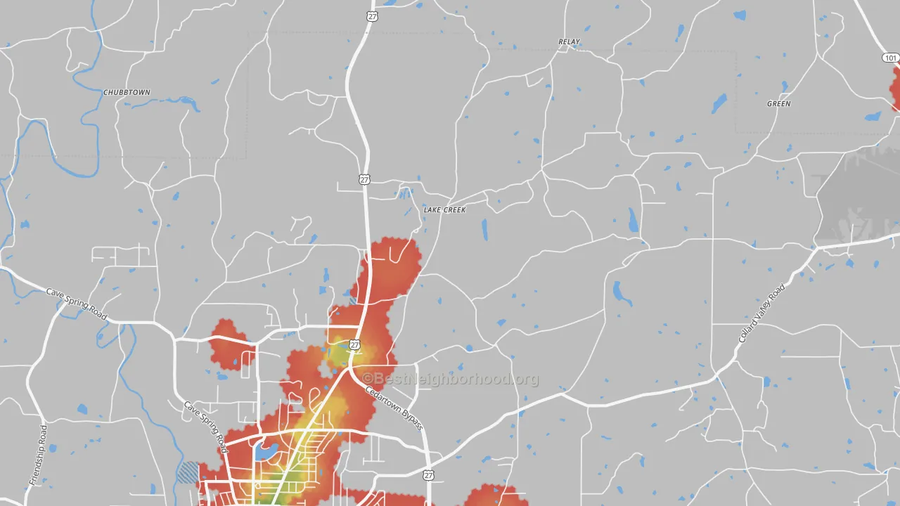 Walk Grade map of Lake Creek, GA, walkable areas in green and car-dependent areas in red