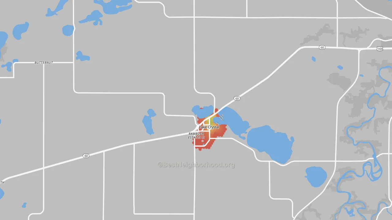 Walk Grade map of Lake Crystal, MN, walkable areas in green and car-dependent areas in red