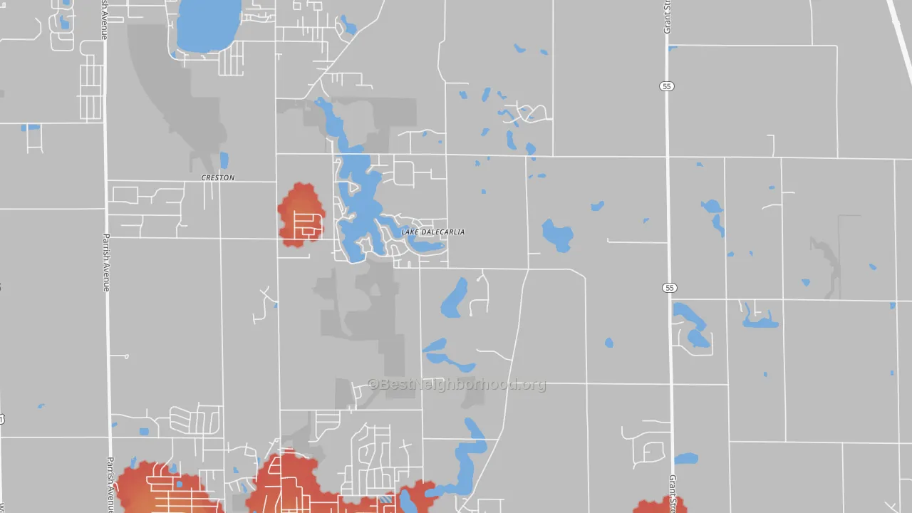 Walk Grade map of Lake Dalecarlia, IN, walkable areas in green and car-dependent areas in red