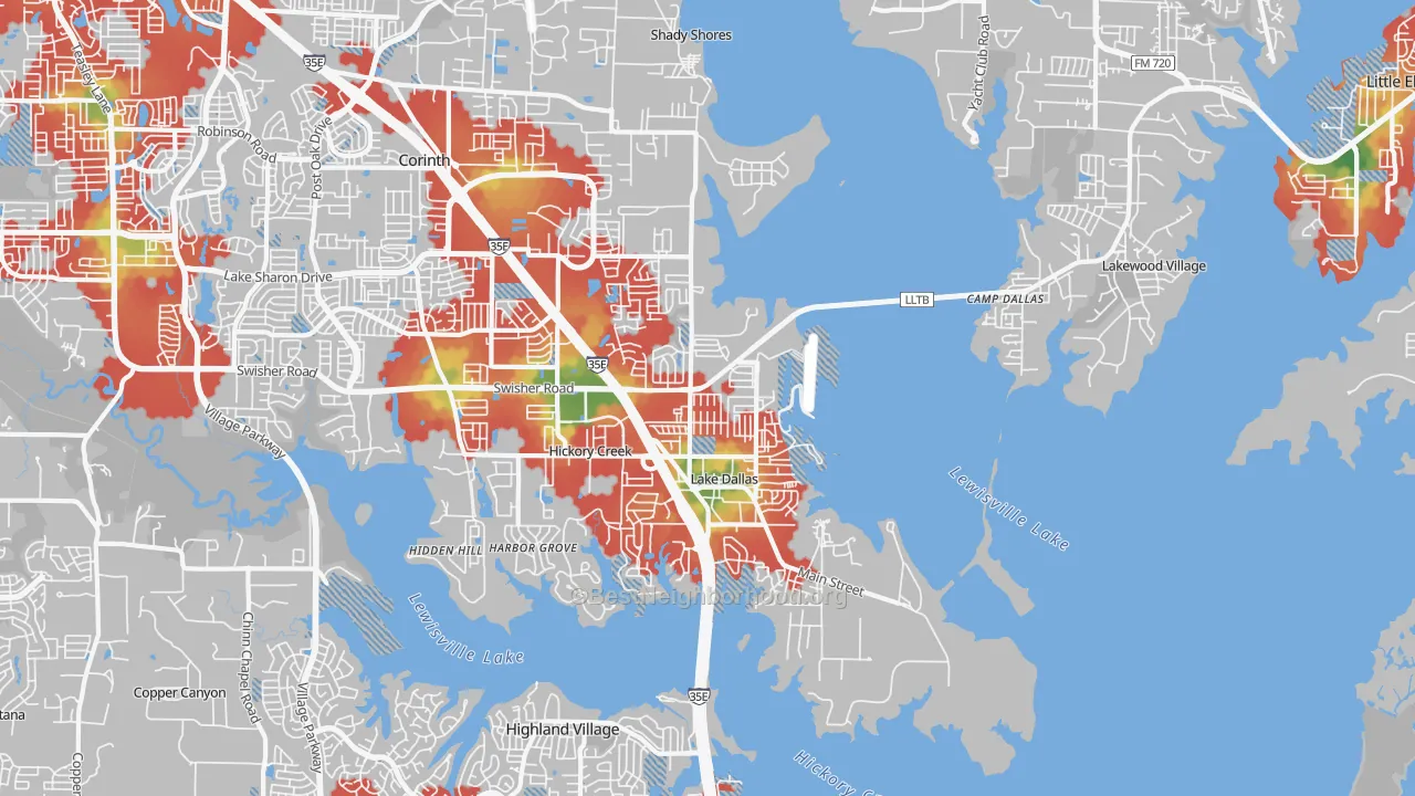 Walk Grade map of Lake Dallas, TX, walkable areas in green and car-dependent areas in red