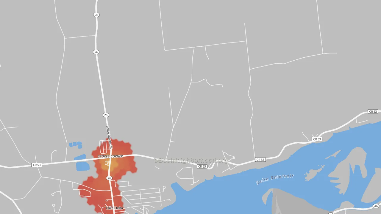 Walk Grade map of Lake Delta, NY, walkable areas in green and car-dependent areas in red
