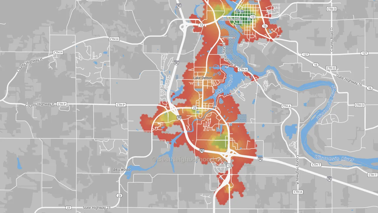 Walk Grade map of Lake Delton, WI, walkable areas in green and car-dependent areas in red