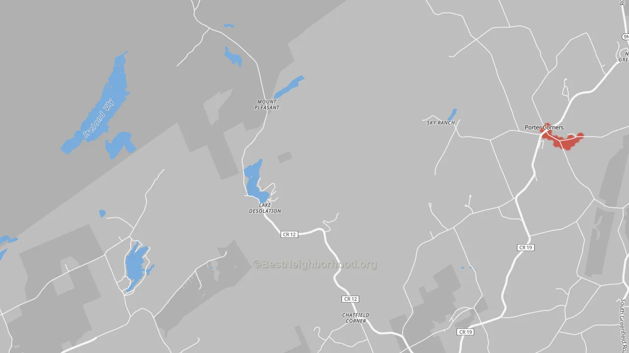 Walk Grade map of Lake Desolation, NY, walkable areas in green and car-dependent areas in red