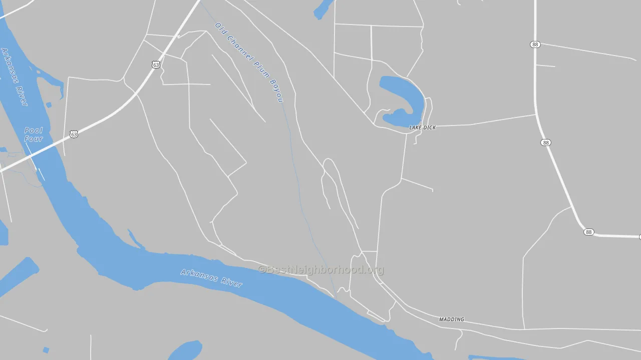 Walk Grade map of Lake Dick, AR, walkable areas in green and car-dependent areas in red