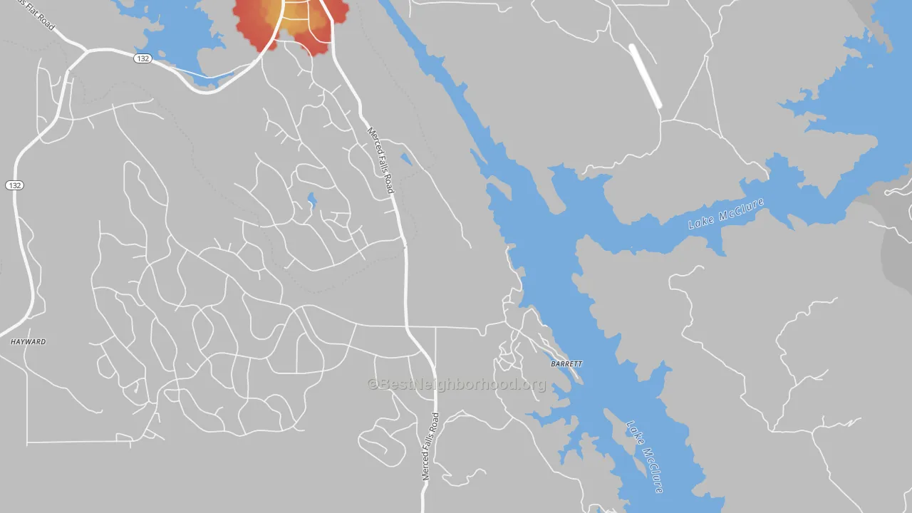 Walk Grade map of Lake Don Pedro, CA, walkable areas in green and car-dependent areas in red