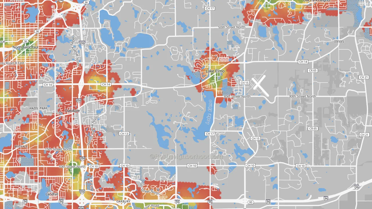 Walk Grade map of Lake Elmo, MN, walkable areas in green and car-dependent areas in red