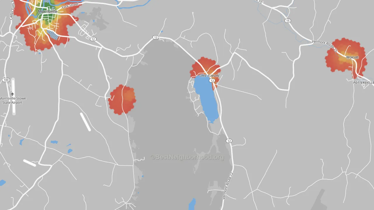 Walk Grade map of Lake Elmore, VT, walkable areas in green and car-dependent areas in red