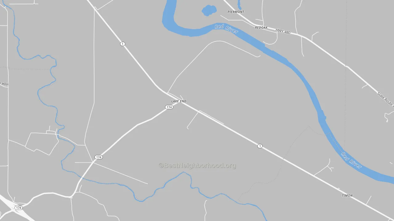 Walk Grade map of Lake End, LA, walkable areas in green and car-dependent areas in red
