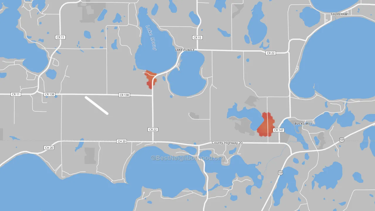 Walk Grade map of Lake Eunice, MN, walkable areas in green and car-dependent areas in red