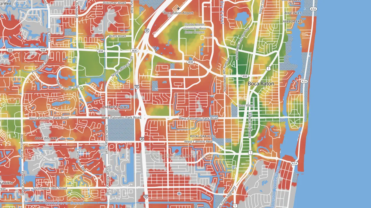 Walk Grade map of Lake Floresta Park, Boca Raton, FL, walkable areas in green and car-dependent areas in red