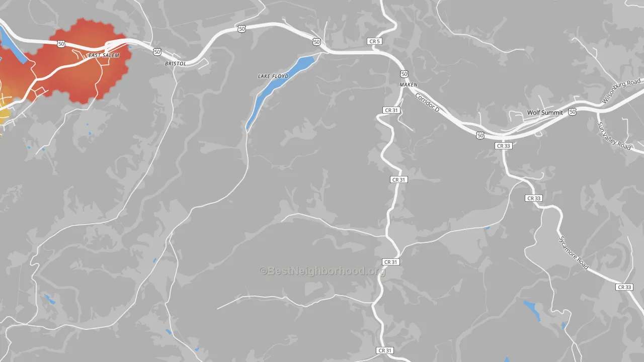 Walk Grade map of Lake Floyd, WV, walkable areas in green and car-dependent areas in red